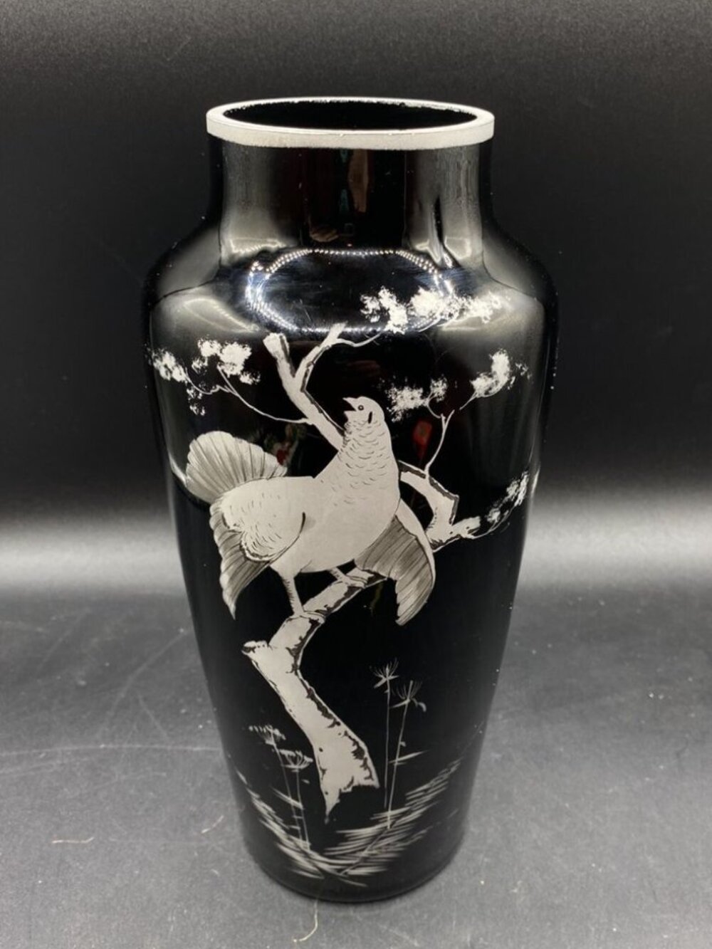 CZECH Art Deco HYALITE Black Glass Vase 10” Silver Painted Bird
